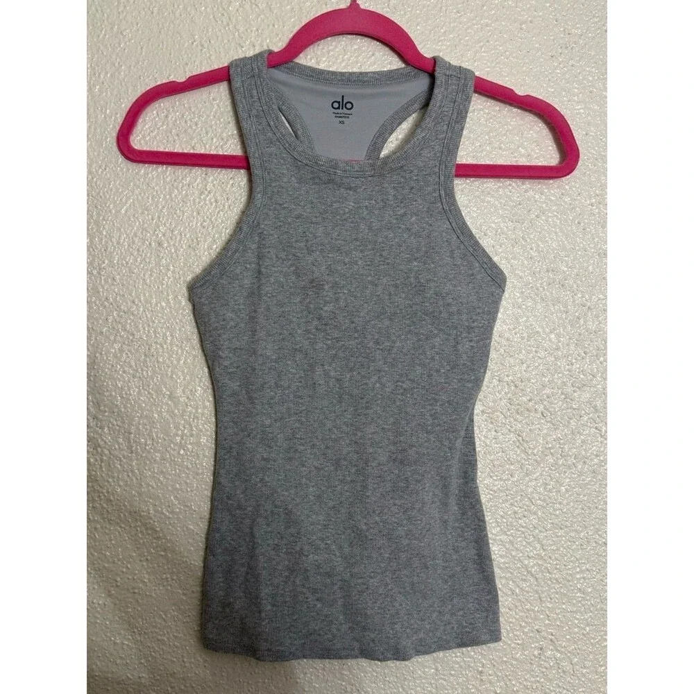 ALO Yoga Light Grey Ribbed Aspire Full Length Tank Top Racerback Tank size XS